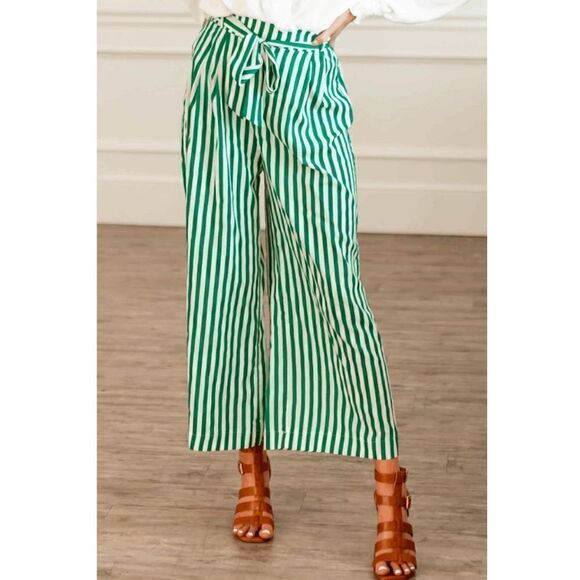 NWT Lime Lush Green Jade Striped Waist Tie Wide Leg Woven Pants - Picture 4 of 8